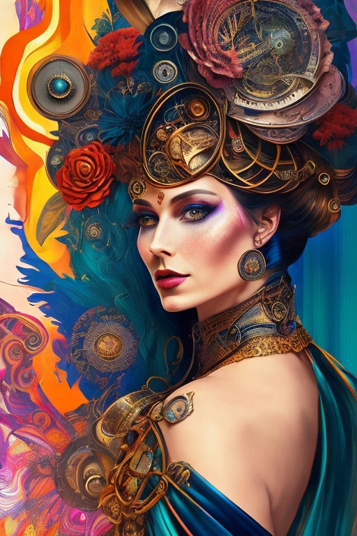 A captivating mixed media portrait of an elegant woman with auburn-hued locks, adorned with steampunk influences, illuminated in an abstract style. The image, painted with a palette that exudes warmth and depth, showcases intricate details that seamlessly blend various mediums. The woman peers intently toward the viewer, her gaze penetrating the depths of the piece. Her attire, a fusion of Victorian-era elegance and futuristic technology, exudes a sense of mystery and strength. This mesmerizing work of art, with its abstracted background and vibrant hues, presents a fantastical exploration of the Steampunk universe, skillfully painted on a