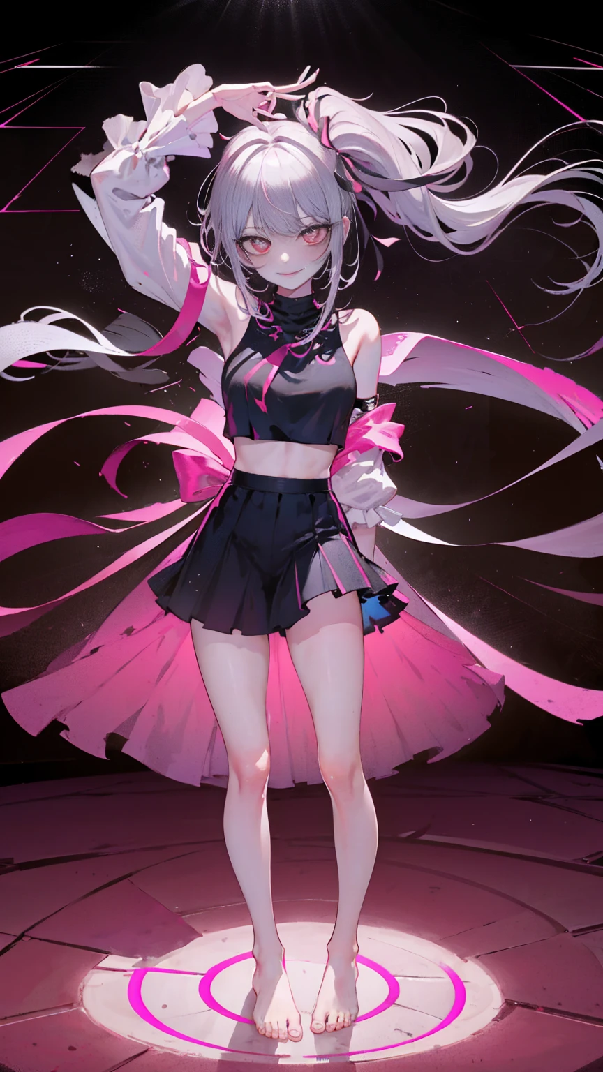 Super Resolution,geometric abstraction,Oblique perspective,Overlooking,
(Realistically:1.3),Double tail,
(1 Slim girl), Fashion女孩, Fashion,underwear,
Young face, Red eye makeup,Blushed, (Energetic smile),Split legs,do the splits,
(Slim) thigh,Tired Dancer,
,Fashion show,cheongsam,on stage,kneel,audience,Full body image,barefoot,Emo Girl, Kawaii, Silver Hair,