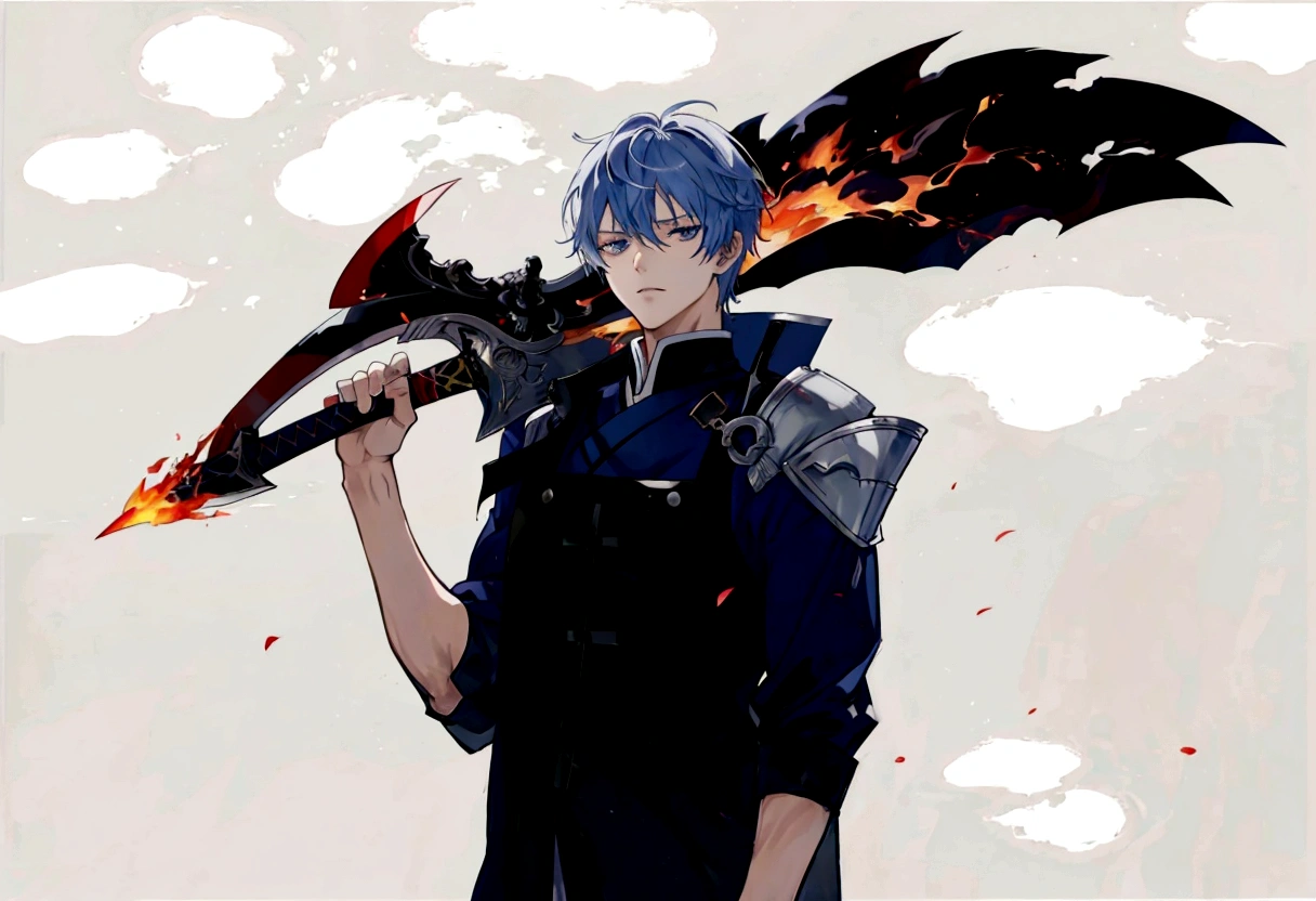 anime - ( improve facial details ) 8k style image of a man with a sword and a flame, 2d anime style, 2 d anime, by Shitao, with leviathan ax, shigenori soejima illustration, fire!! whole body, epic anime style, inspired by Kamisaka Sekka, by Kamisaka Sekka, zerochan art, he is very threatening and evil