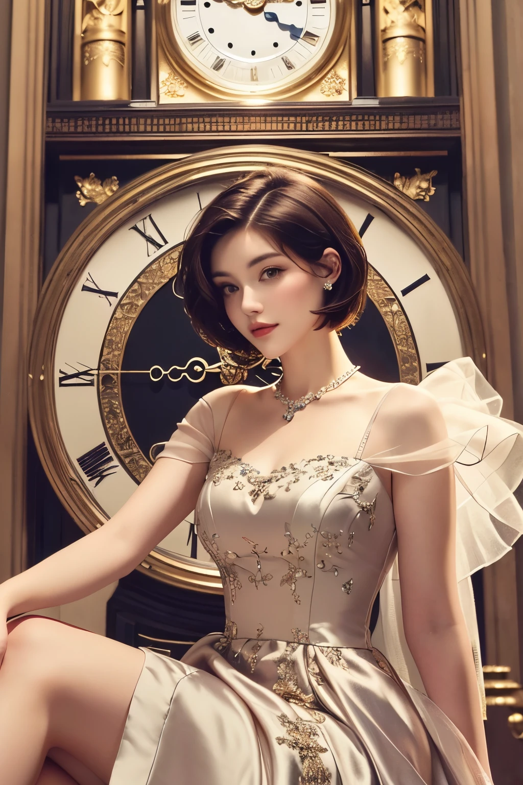8K, masterpiece, Beautiful short haired woman in dress with clock in background,
