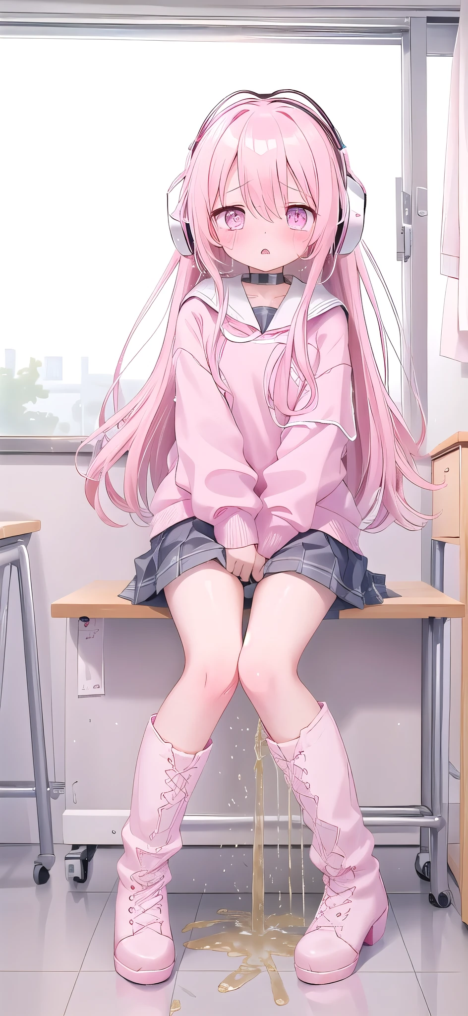 Pink long hair,Pink and white sweatshirt,Pink Eyes,Black headphones,White boots,blush shy,Leaking urine(1.2)classroom scene,eternal, cry, , Tears flow from the eyes, The embarrassment comes from, blush), (Girl is peeing: 1.2),, Look away, sit, Awkward, blush, Mouth slightly open, classroom (Girl Leaking urine): 1.5)