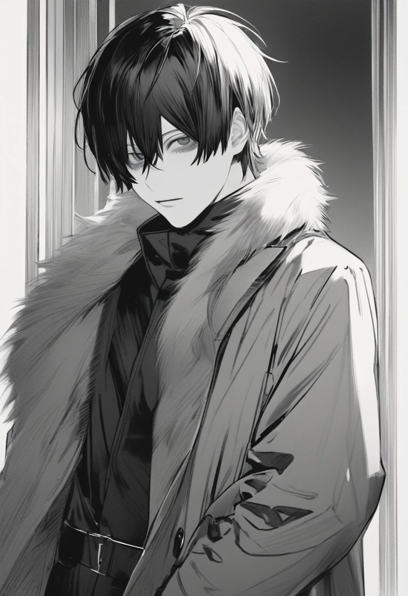 yuto-sano, 1boy, Kaneki, black hair, black suit, black long sleeves, fur coat, elegant, monochrome, solo, greyscale, male focus, looking at viewer