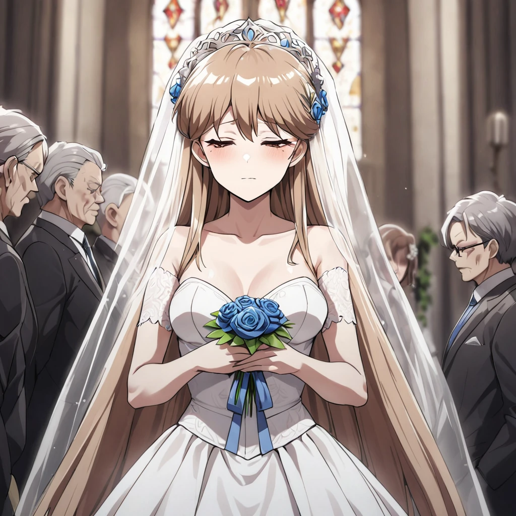 ((Highest quality)), ((masterpiece)), (detailed), （Perfect Face）、The woman is Princess Leona, with medium-long light brown hair, and is wearing a gorgeous wedding dress and wedding veil, and is being held in the arms of a wicked, strong, and dignified old man, the General, at her wedding in a gorgeous church.、The woman has medium-long hair, is brainwashed, has no expression, and has no highlights in her eyes.