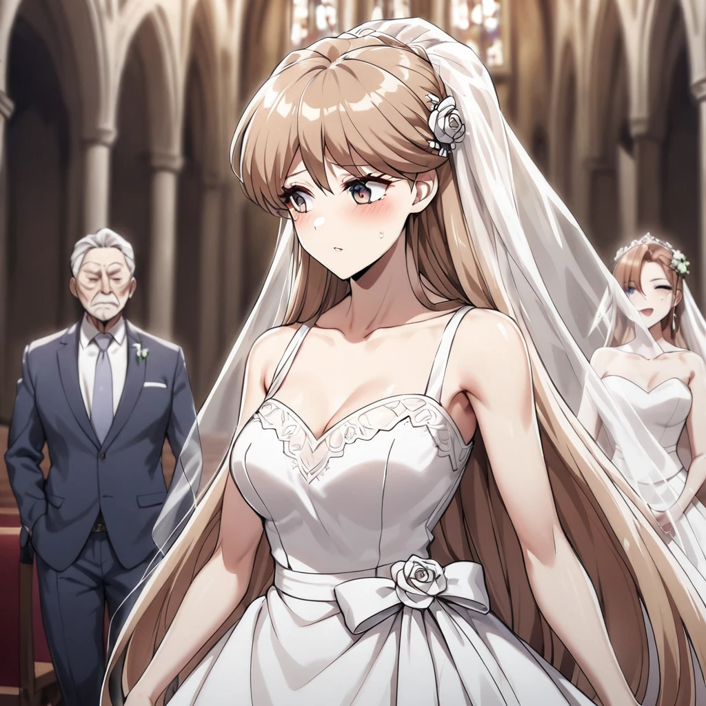 ((Highest quality)), ((masterpiece)), (detailed), (Perfect Face)、The woman is Princess Leona, with medium-long light brown hair, and is wearing a gorgeous wedding dress and wedding veil, and is being held in the arms of a wicked, strong, and dignified old man, the General, at her wedding in a gorgeous church.、The woman has medium-long hair, is brainwashed, has no expression, and has no highlights in her eyes.