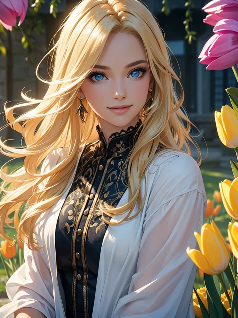(Best quality,ultra detailed,Photorealistic:1.37),bright and rich colors,studio lighting,playful facial expression,stylish makeup,Long blonde hair fluttering in the wind,inviting eyes,glossy lips,sexy pose, Tulips, I smile confidently and seductively,posing for a professional photo shoot,shallow depth of field,highlighting the main subject,soft natural light,Creating a dreamy and magical atmosphere.