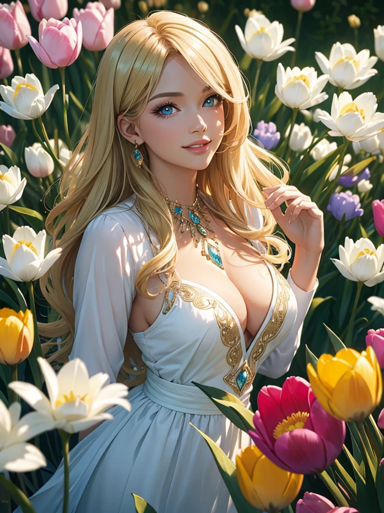(Best quality,ultra detailed,Photorealistic:1.37),bright and rich colors,studio lighting,playful facial expression,stylish makeup,Long blonde hair fluttering in the wind,inviting eyes,glossy lips,sexy pose, Tulips, I smile confidently and seductively,posing for a professional photo shoot,shallow depth of field,highlighting the main subject,soft natural light,Creating a dreamy and magical atmosphere.