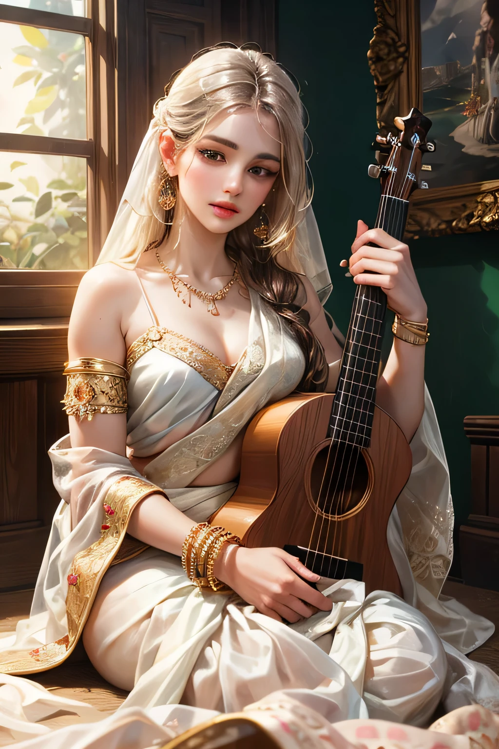 (absurderes, A high resolution, Ultra detailed, hdr), Masterpiece, Best quality, Portrait of an Indian 
Goddess saraswati, extreme realistic very beautiful, animated style, anime in a(((white))) indian dress (((saree))), blue blouse, long black wavy hair untied, head jewellery, necklace, earings, armlets, bangles and bracelets, rings, pleasant expression, bright big black eyes, natural beauty, vibrant colors, dreamy, northern light, pink bubble, romantic, soft lighting, vintage aesthetic