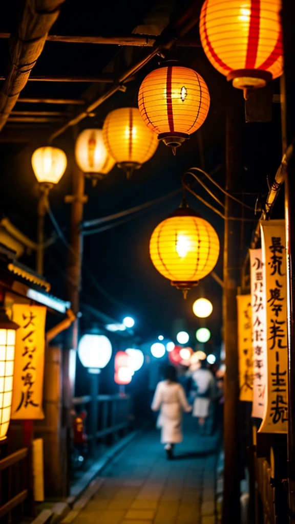 night、fireball、Lantern、Japan Road、shrine、moon、Dynamic composition、Background blur