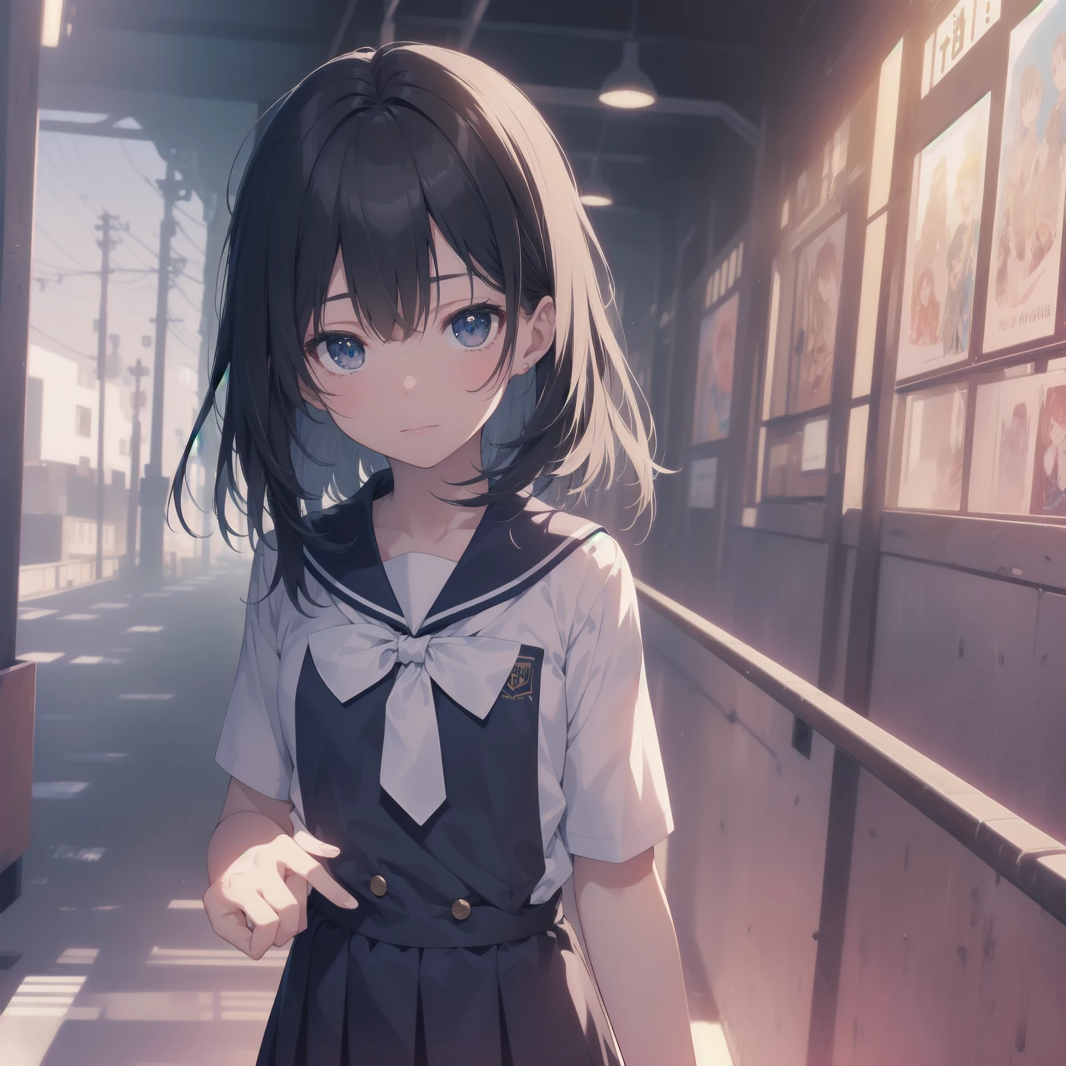ultra-absurdres-Top quality by artist God, ultra-detailed, high resolution, anime moe artstyle, best anime 8k konachan wallpaper, pixiv contest winner, pool:2810, perfect anatomy,break, 1girl, (Please draw a girl walking sleepily to school alone. )break,(Solo,little female, 13-year-old:1.3),Full limbs, complete fingers,a junior high school student, (very short hair), short cut, flat chest, , small butt, small black eyes, beautiful detailed eyes, well-proportioned iris and pupils, expressive eyes, highres detailed hair, soft expression, salor school_uniform, sailor collar, serahuku, bow, pleated skirt,(Detailed Lighting), (Detailed background), in the School commute route. break,super detailed skin, Best cinematic lighting powered by famous artist, 8k,beauty illustration,photoshop_(medium),very aesthetic,break,((artist:kotorai )), artist:clamp ,artist:carnelian ,artist:kantoku ,