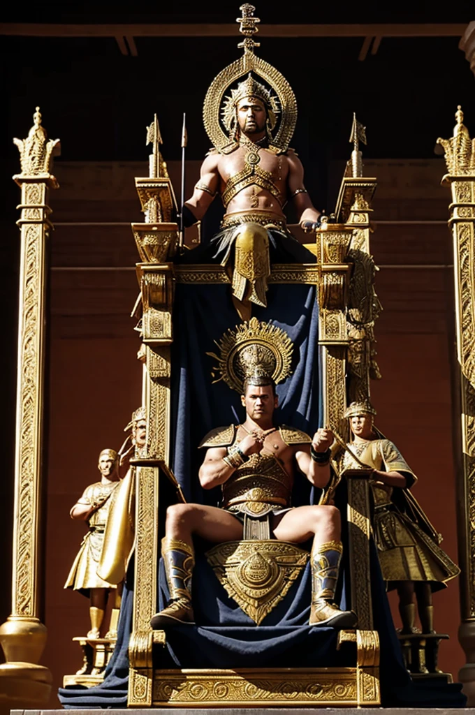warrior on a throne on top while the other warriors admire him