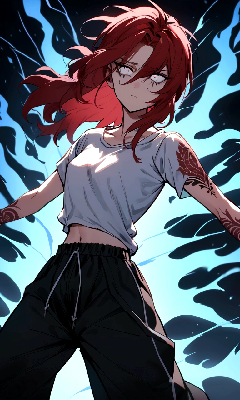 make me a female, 22 years old, red long messy hair,white eyes, she's blind, body tattoos, white tight shirt and baggy black sweatpants, emotionless face, she's fighting, blue fire powers