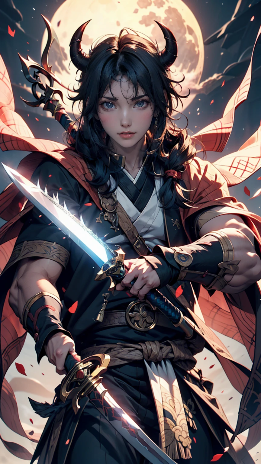 Long-haired anime character holding a sword in front of a full moon, Cute face of Demon Slayer, Kimetsu no Yaiba, Inspired by Demon Slayer, Yoriichi Tsugikuni, Demon Slayer Art Style, Demon Slayer anime images, tanjiro kamado