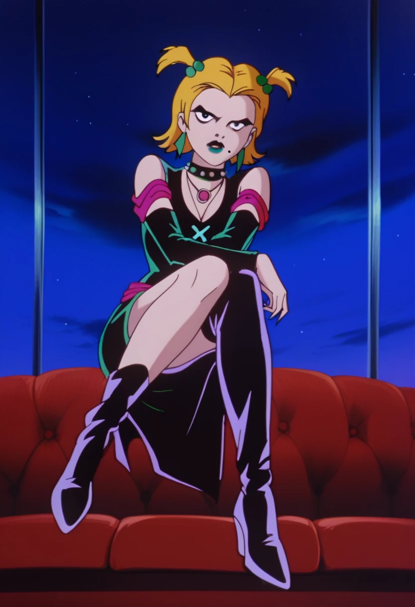 score_9, score_8_up, score_7_up, zPDXL, SD90style, retro artstyle, source_cartoon, 2D, goth fashion, Duskhex, Green lipstick, no eyebrows, green earrings, jewelry, blonde hair, spiked collar, mole under mouth, makeup, spikes, sky, hair ornament, choker, lipstick, hair bobbles, night, indoors , black eyes, short hair, full body, sitting on couch, dark room, high boots with heel, around, seductive smile, pussy, panties, panties around legs, masturbation, nipples, fingering, pussy juice, 