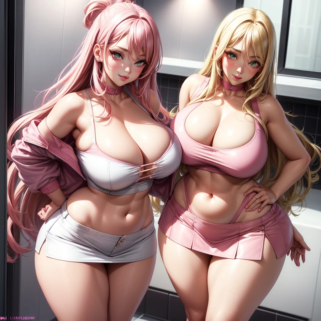 ((1 girls), solo, Big round ???????, trendy, stylish, clevage, thighs, ????, realistic, pink hair, blonde hair, light green eyes, lip gloss, detailed face, amazing big eyes, eye details, big lips, eyebrow details, pink mini skirt, crop top blush, confident, dominant, ????, smirk, naughty, mischevious face, HD, good quality, curvy, standing up, thick thighs, attractive, amazing body, perfect body, slim thick, indoors, pink and white outfit, bathroom sink 