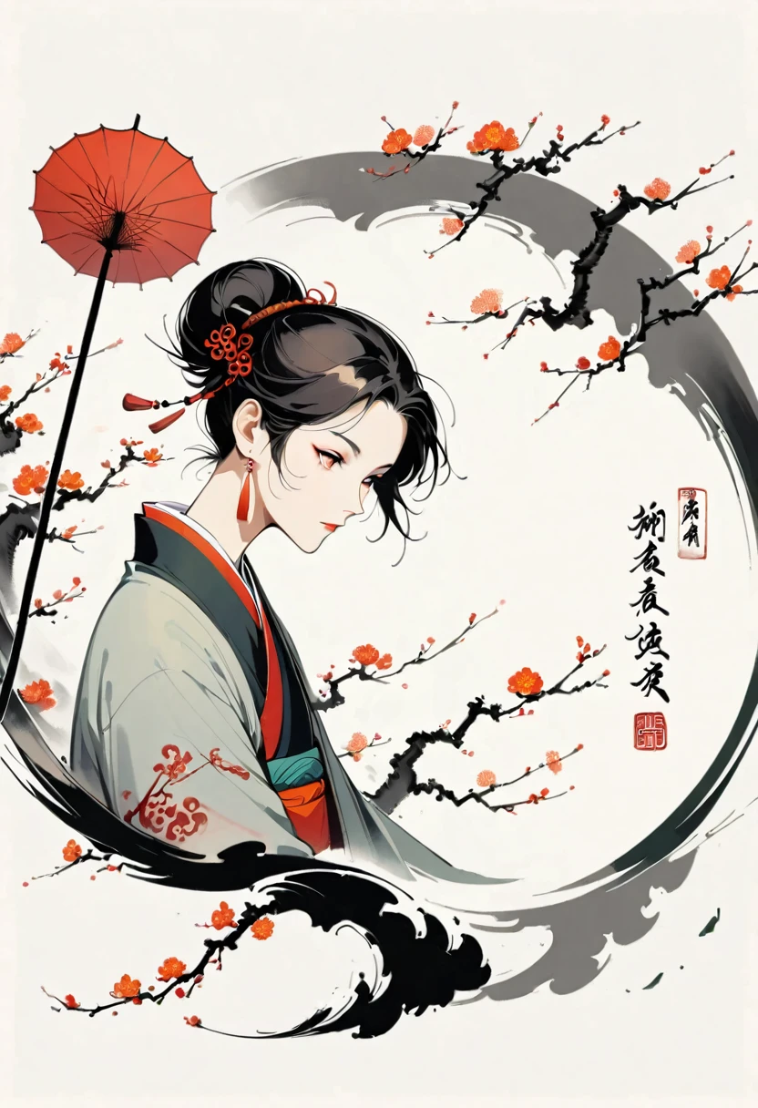 Bada Shanren style,Chinese Ink Painting，Simple style，is capitalized，Very simple pictures，Falling Flowers，Umbrella，