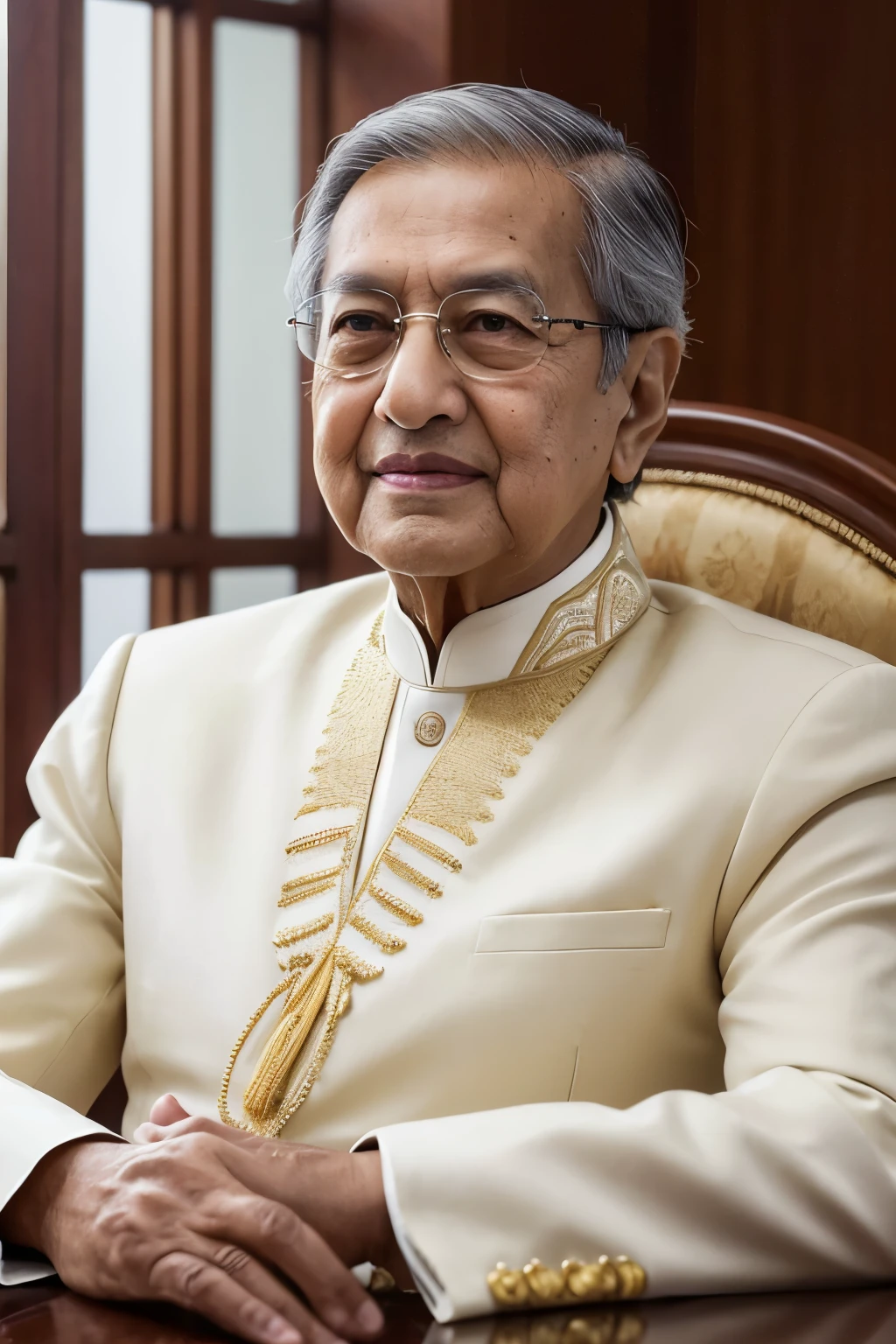 (The Extremely Detailed, Highly Respected, Official Portrait of Mahathir Mohamad, Best Quality, Ultra-detailed), Rich and Warm Brown Background, 95-year-old Malaysian prime minister, Respected political leader, Receding Silver Hair, Distinctive Boston-style mustache, Deep-set eyes, Strong jawline, Serious expression, Dressed in a traditional Malay attire, White Baju Melayu with Songkok, Majestic and Commanding, Public Office, Sitting at a desk, Hands folded, Looking towards the future, Light shining from a nearby window, Curbside of the Prime Minister's Office, Kuala