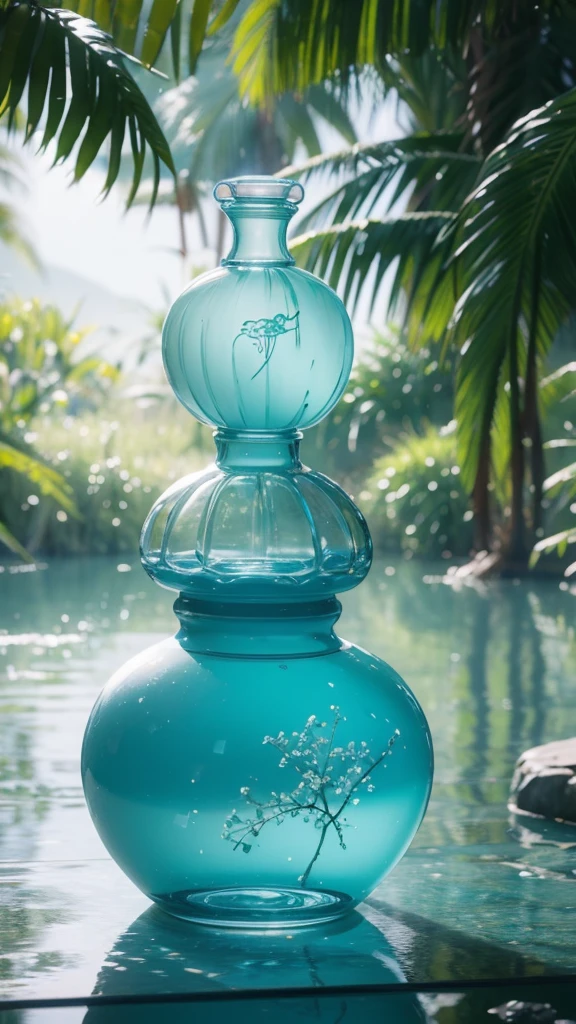 Representative works,high quality,best quality,official art,aesthetic feeling and aesthetics,sculpture,product photography,jadeite landscape around perfume bottles,ceramic sculpture bottles,transparent water,Chinese three-dimensional landscape background,sculpture background,Chinese Song Dynasty landscape painting,blue theme,surrealist dream style,organic fluid,light tracing,colorful flowers,flower foreground blocking,natural light,jungle,c4d,OC rendering,
