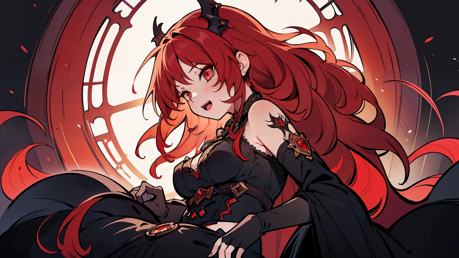 masterpiece, beautiful detailed, {wearing gothic fashion}, dark theme color,  red Eyes, red hair, wavy hair, 1girl, devilish laugh, medium breasts, hair intakes, low angle, {{{{{Alphonse Mucha}}}}},{{{bold outline}}}, limited palette