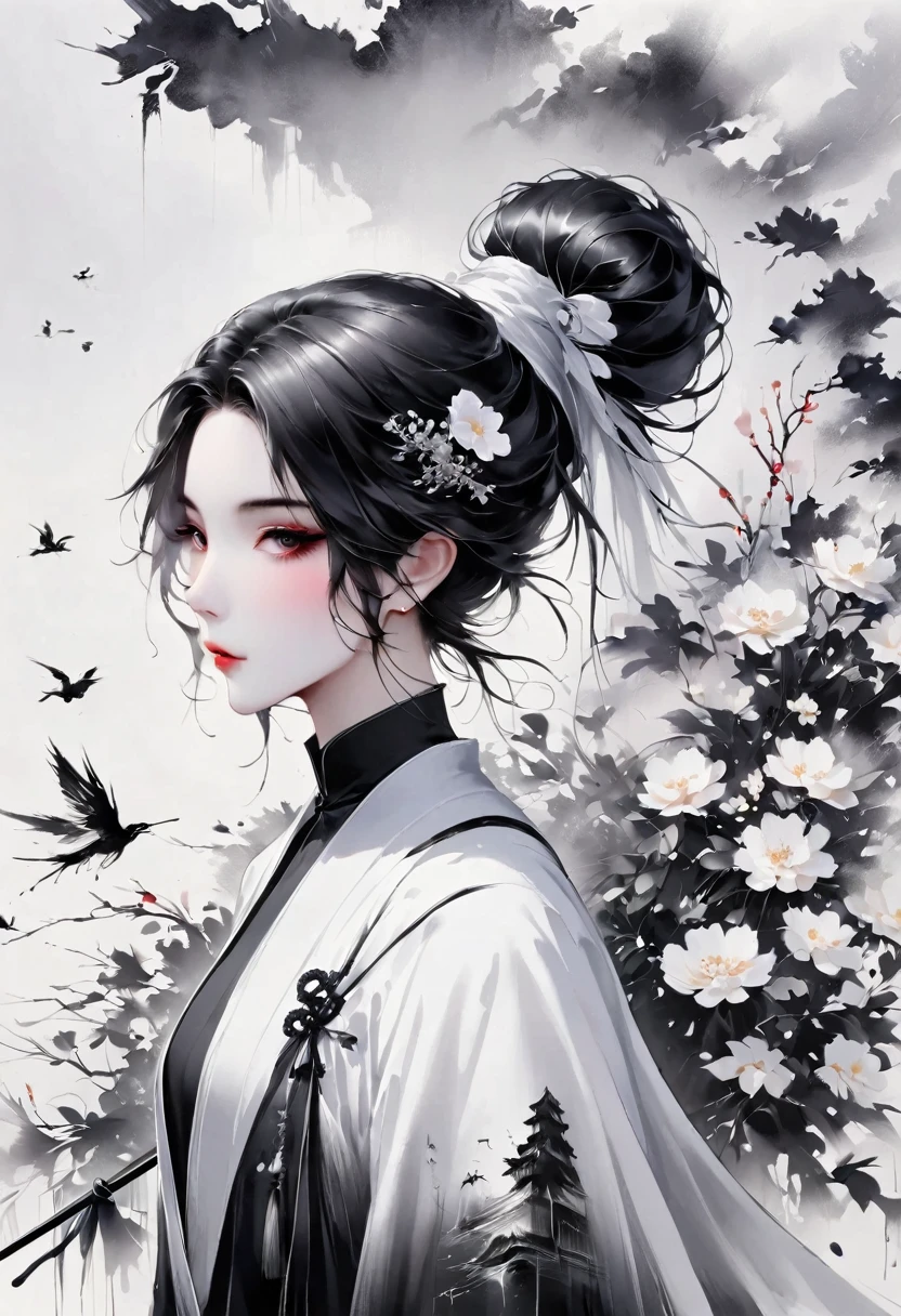 (Lots of white space:1.5),(Lots of white space around:1.6), White background, simple, Minimalism, abstract,Freehand,Aesthetic,black and white,Ink Painting,antiquity,(Umbrella:1.5),Falling Flowers,一幅abstract的艺术插图, author:Li Song, Arte no estilo de Guweiz, arte shin jinyoung, Obra-prima de Guweiz, Ross chart 1. 0, Beautiful digital illustrations, Inspired by non-WLOP, simple數位藝術, jingna zhang, Guweiz, Stunning digital illustrations