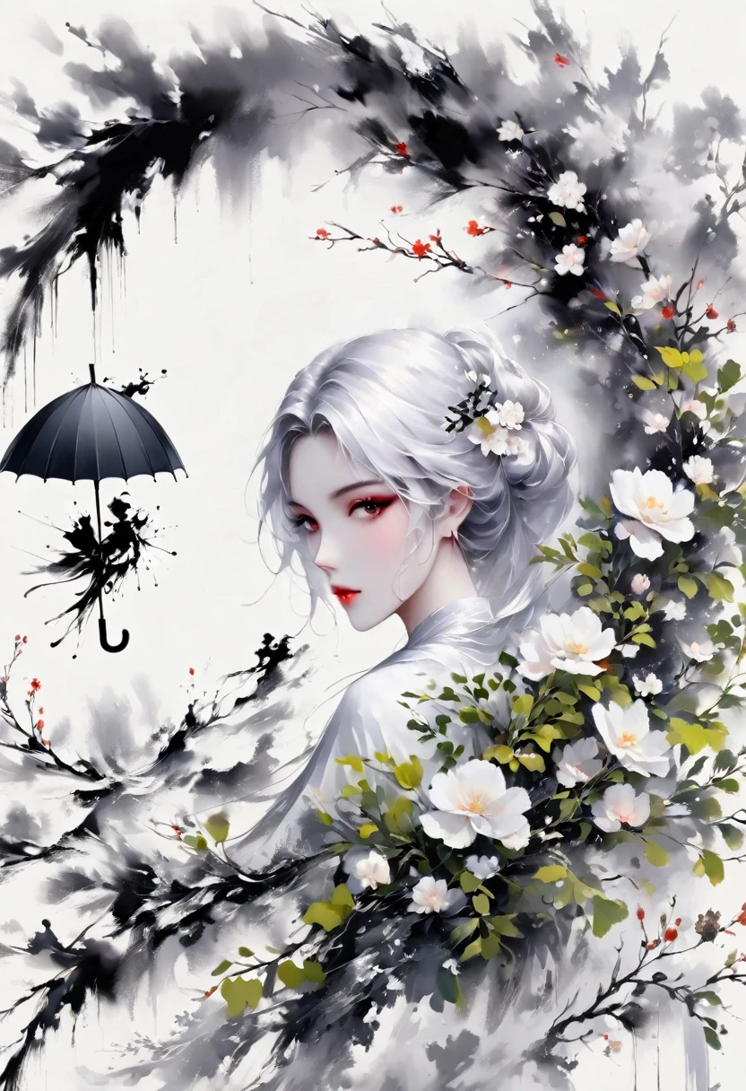 (Lots of white space:1.5),(Lots of white space around:1.6), White background, simple, Minimalism, abstract,Freehand,Aesthetic,black and white,Ink Painting,antiquity,(Umbrella:1.5),Falling Flowers,一幅abstract的艺术插图, author:Li Song, Arte no estilo de Guweiz, arte shin jinyoung, Obra-prima de Guweiz, Ross chart 1. 0, Beautiful digital illustrations, Inspired by non-WLOP, simple數位藝術, jingna zhang, Guweiz, Stunning digital illustrations