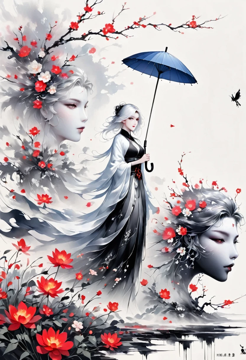 (Lots of white space:1.5)，(Lots of white space around:1.6), White background, simple, Minimalism, abstract,Freehand，Aesthetic，black and white，Ink Painting，antiquity，(Umbrella:1.5)，Falling Flowers，一幅abstract的艺术插图, author：Li Song, Arte no estilo de Guweiz, arte shin jinyoung, Obra-prima de Guweiz, Ross chart 1. 0, Beautiful digital illustrations, Inspired by non-WLOP, simple數位藝術, jingna zhang, Guweiz, Stunning digital illustrations