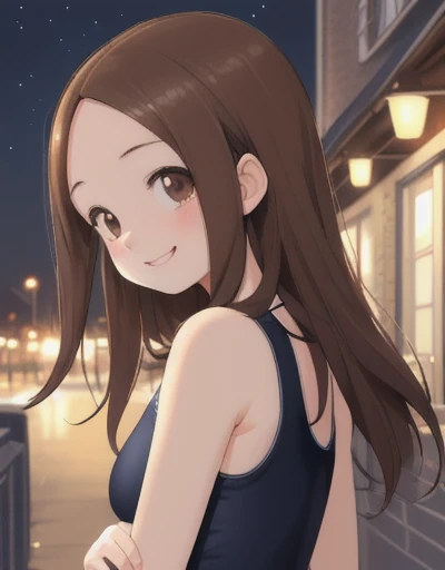 Cute illustrations, High resolution, Warmth, Long Hair,, School swimsuit, gentle smile, kind, , night, Crowded, Front view, prothorax 