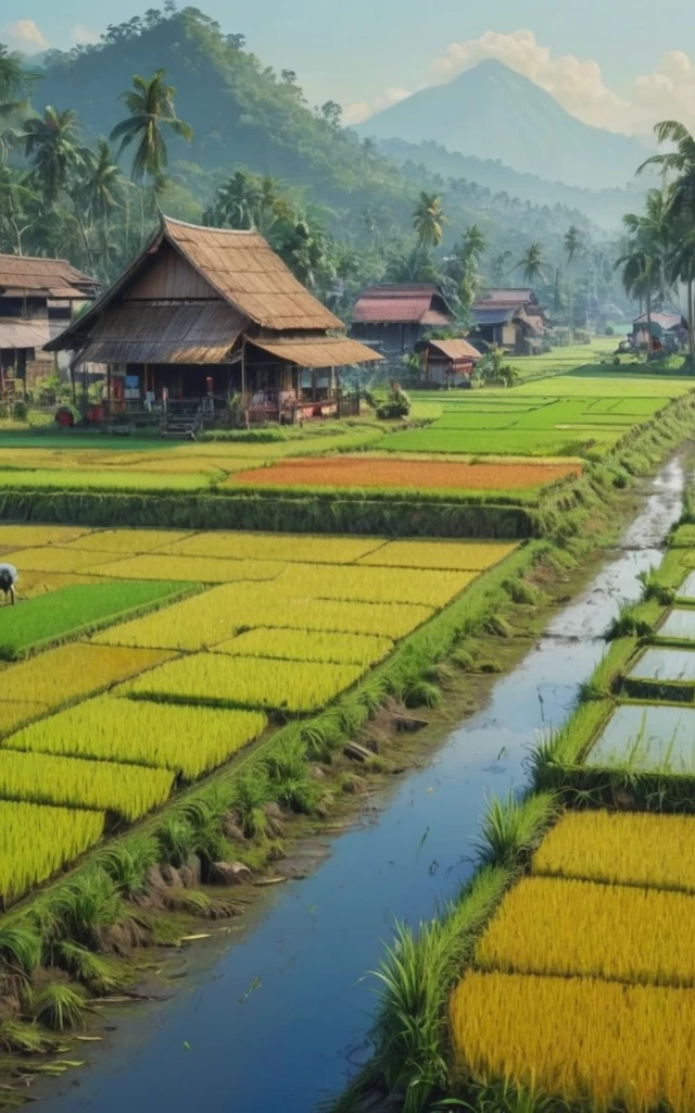 Beautiful Indonesian landscape, paddy rice field by Richard Scarry, (best quality, masterpiece, Representative work, official art, Professional, Ultra intricate detailed, 8k:1.3)