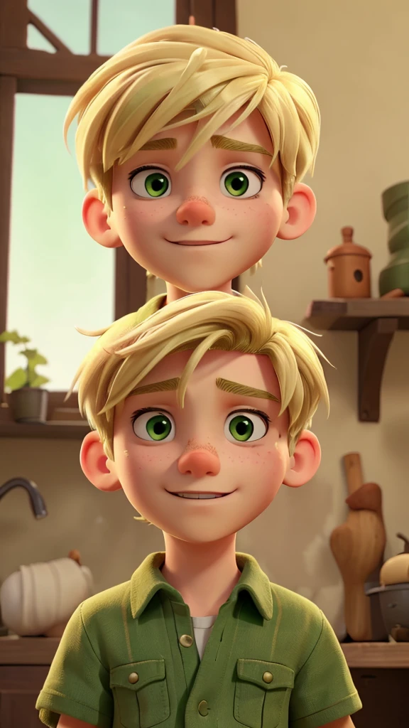 A blonde boy with green and red eyes and a scar on his face in the middle of the war 