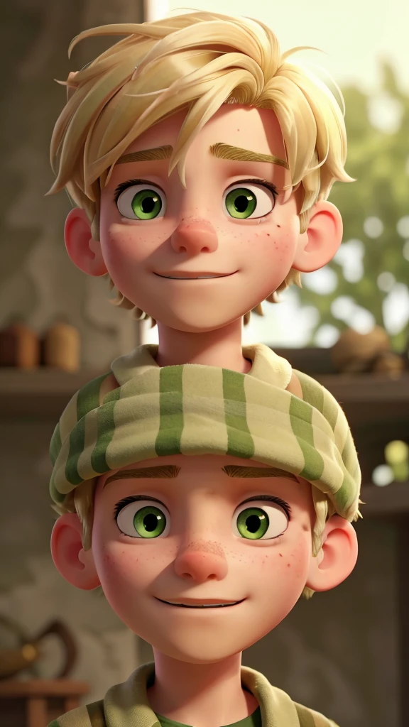 A blonde boy with green and red eyes and a scar on his face in the middle of the war 