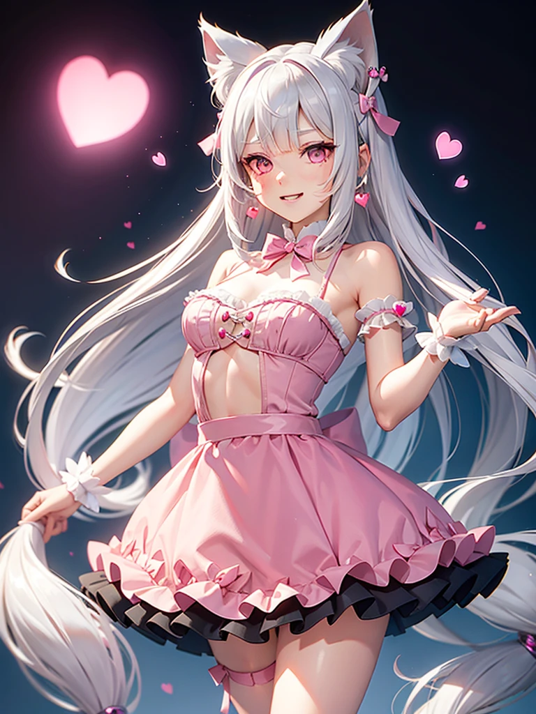 Long silver hair, pink eyes, body, cat ears, girl, earrings, heart background fantasy, princess, godly, hair bows, happy face, skirt
