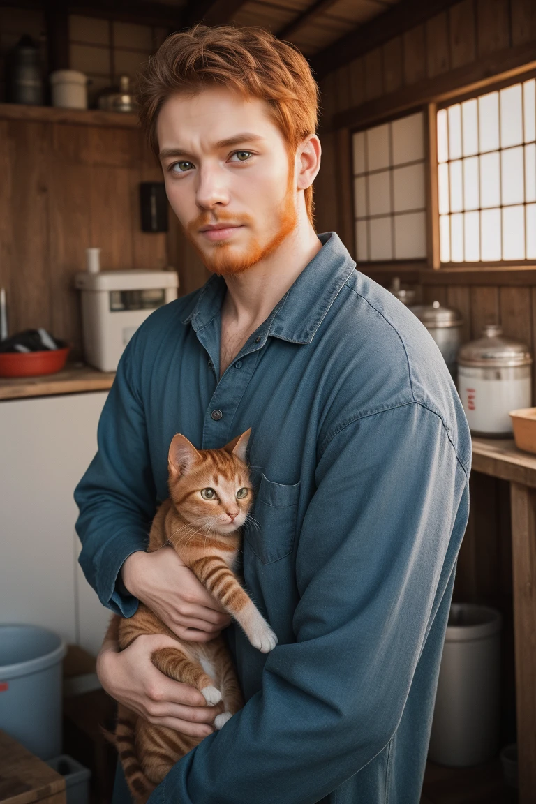 Cat in man's arms, realism, ultratexturing, ginger cat, dirty man, torn clothes, small kitten. On the background of Japanese shacks
