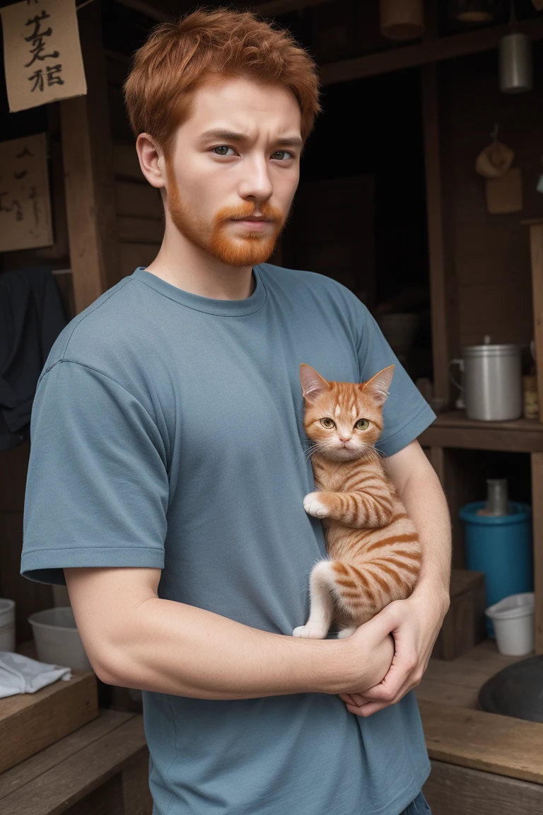 Cat in man's arms, realism, ultratexturing, ginger cat, dirty man, torn clothes, small kitten. On the background of Japanese shacks