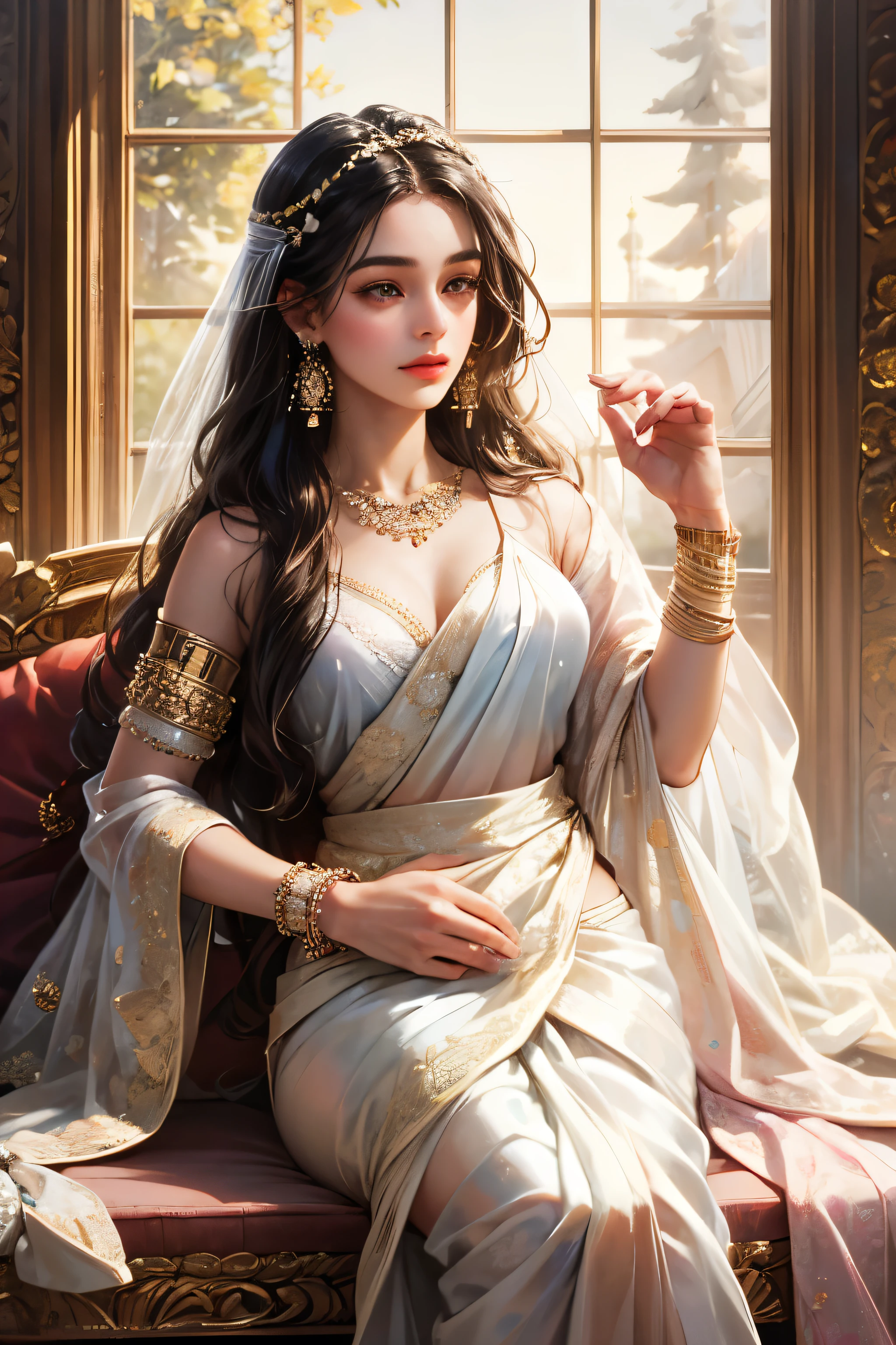 (absurderes, A high resolution, Ultra detailed, hdr), Masterpiece, Best quality, Portrait of an Indian
Goddess saraswati, extreme realistic very beautiful, animated style, anime in a(((white))) indian dress (((saree))), (blue blouse), long black wavy hair untied, head jewellery, necklace, earings, armlets, bangles and bracelets, rings, pleasant expression, bright big black eyes, natural beauty, vibrant colors, dreamy, northern light, pink bubble, romantic, soft lighting, vintage aesthetic