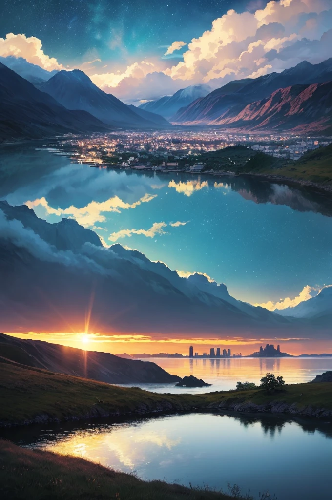 High quality masterpiece, landscape, cloud, Animated train passing over a body of water on distant tracks, Bright starry sky. Traveler, Romantic Light, Pixiv, Concept Art, Lofi Art Style, reflection. makoto shinkai, Roffie Art, Beautiful anime scene, アニメのlandscape, 詳細なlandscape — 幅 672, makoto shinkai's style, makoto shinkai's style, Enhanced Details.