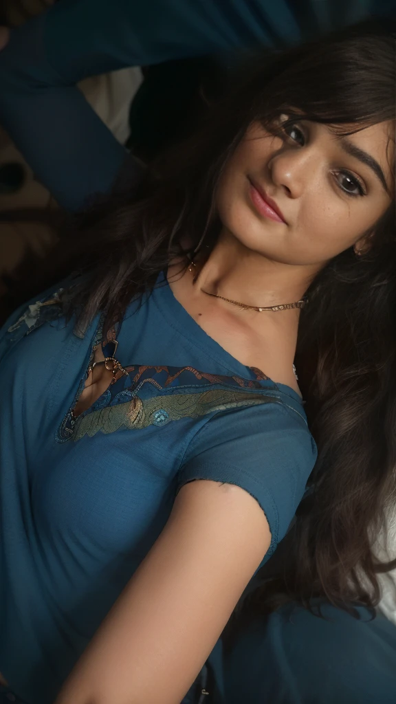 Day scene, close up photo of an indan from top view, Long hair,posing for photo in bedroom, wearing Blue crop top ,hollywood natural lips, perfect figure wet navel, , ponytail, necklace, look at viewer and smile, (cinematic:1.3), intricate details, (ArtStation:1.2), moody, private study:1.3), POV, by lee jeffries, nikon d850, film stock photograph ,4 kodak portra 400 ,camera f1.6 lens ,rich colors ,hyper realistic ,lifelike texture, dramatic lighting , cinestill 800, realistic,candid picture,candid picture,candid picture by Max Dauthendey