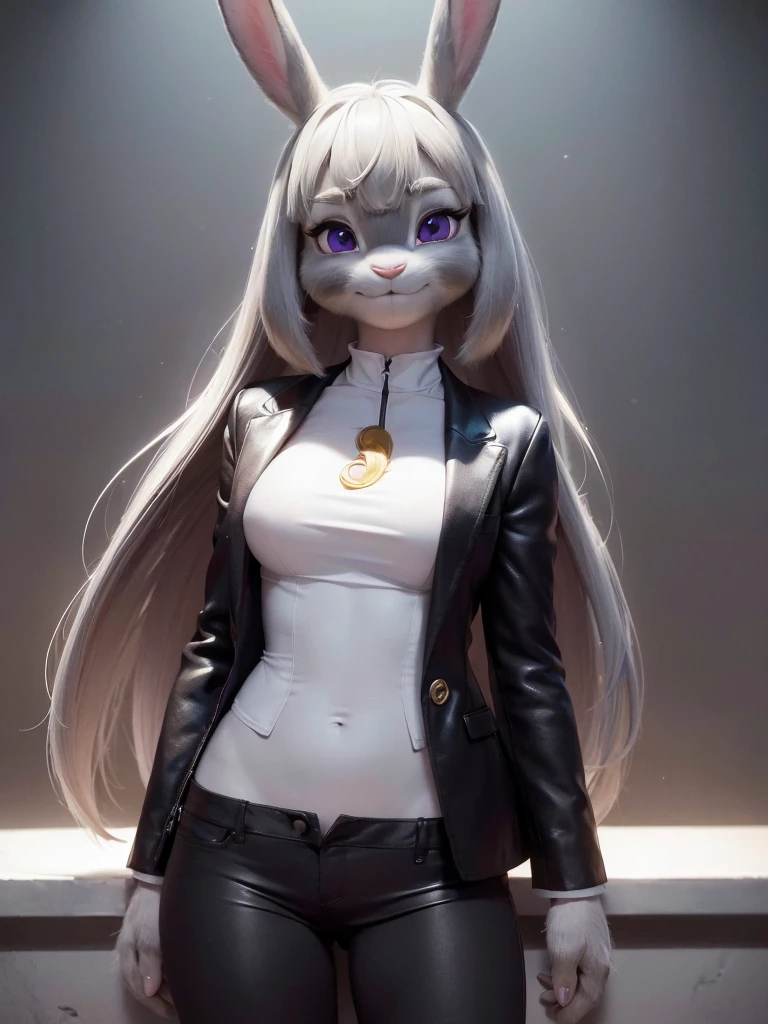 best quality,
masterpiece,
hyper Realistic,
ultra-detailed,
beautiful detailed,
4K,8K,High level,
PIXAR,
Photo real,
medium shot,
Looking at the audience upside,
background in lighting office,
Realistic lighting,
((anthropomorphic rabbit)),
detailed animals,
Complex patterns,
(furry:1.35),
(Whole skin is gray:1.35),
(body is fluffy and bushy:1.35),
Realistic fur,
((human hands)),
(Face is JudyHopps:1.35),
((medium straight hair))
((sidepart bangs)), bangs,
purple eyes,
{highlight on eyes, crisp eyes, sparkle in the eyes, round big pupils},
detailed iris,
(rised eyebrows:1.2),
(Crescent Brows:1.3),
(rabbit ears:1.1),
Smile,
Big Smile,
Innocent smile,
raised corners of mouth,
office lady is wearing suit,
((White blouse)) BREAK ((Black blazer)) BREAK ((Black pants)),
clothes made of wool,
(solo:1.5),
(1 lady:1.5),
one character only
alone,
Perfect Anatomy,
lighting forward,
lighting front,
ambient light,
intricate details,
ray tracing,
photorealistic,
lighter shadows,