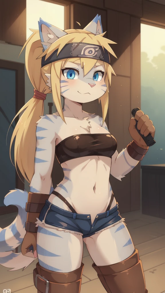 score_9,score_8_up,score_7_up, source_cartoon, source_furry, Kat, Anthro furry feline girl, tall body, hourglass figure, adult female, blue eyes, :3, snout, pink nose, silver furry body, grey tabby cat stripes, long blonde hair, hair in a ponytail, ((wearing blue bandeau, brown short shorts, brown boots, leather straps accessories, Naruto headband)), holding two kunais, :3, glowing blue eyes, motion blur,