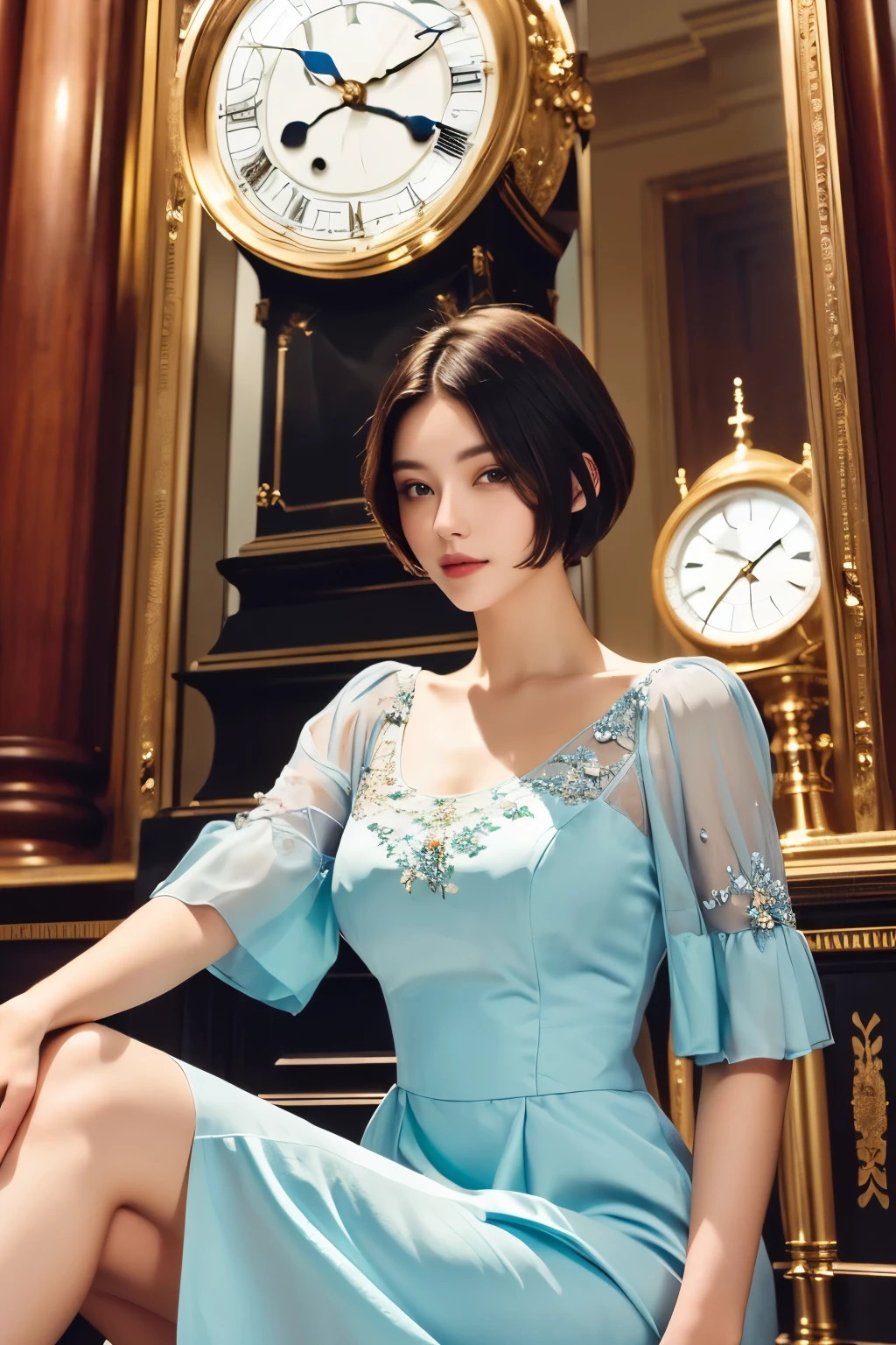 8K, masterpiece, Beautiful short haired woman in dress with clock in background,