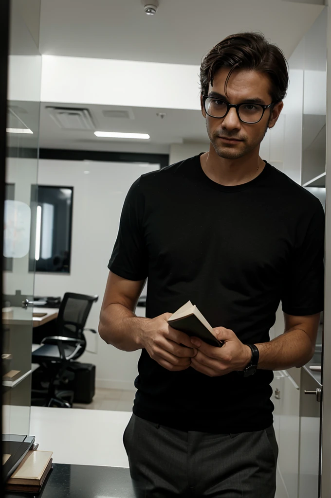 Man with CEO vibes in black shirt with white glasses while holding a book
