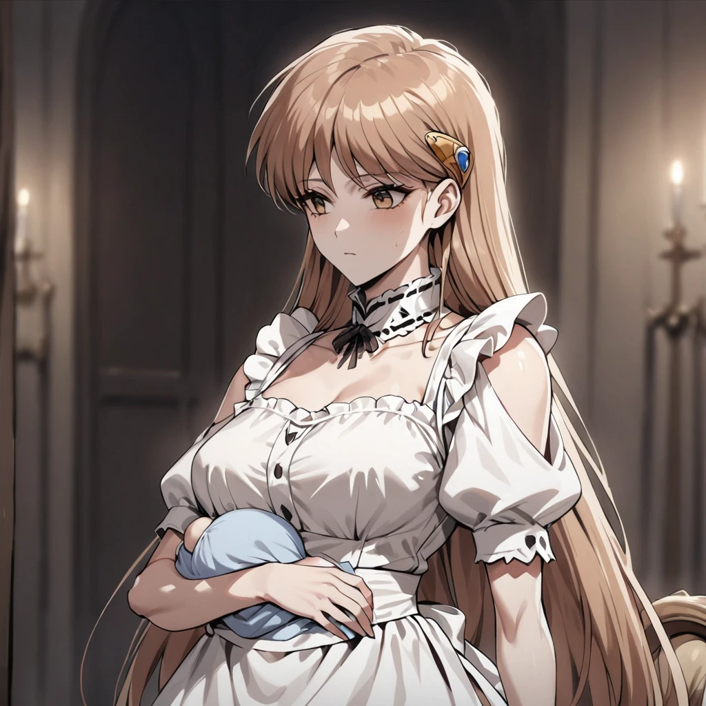 ((Highest quality)), ((masterpiece)), (detailed), （Perfect Face）、The woman is Princess Leona, with light brown, medium-long hair and is wearing a Victorian maid outfit.、The woman is brainwashed, expressionless, and has no highlights in her eyes.、The man is close to the woman、The woman is holding her baby daughter