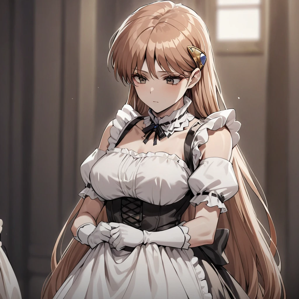 ((Highest quality)), ((masterpiece)), (detailed), (Perfect Face)、The woman is Princess Leona, with light brown, medium-long hair and is wearing a Victorian maid outfit.、The woman is brainwashed, expressionless, and has no highlights in her eyes.、The man is close to the woman、The woman is holding her baby daughter