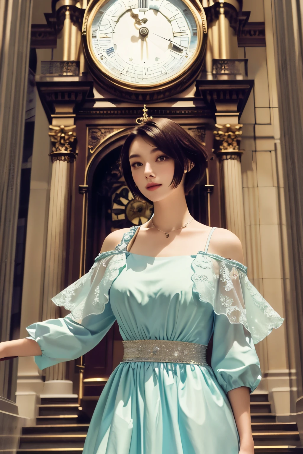 8K, masterpiece, Beautiful short haired woman in dress with clock in background, 