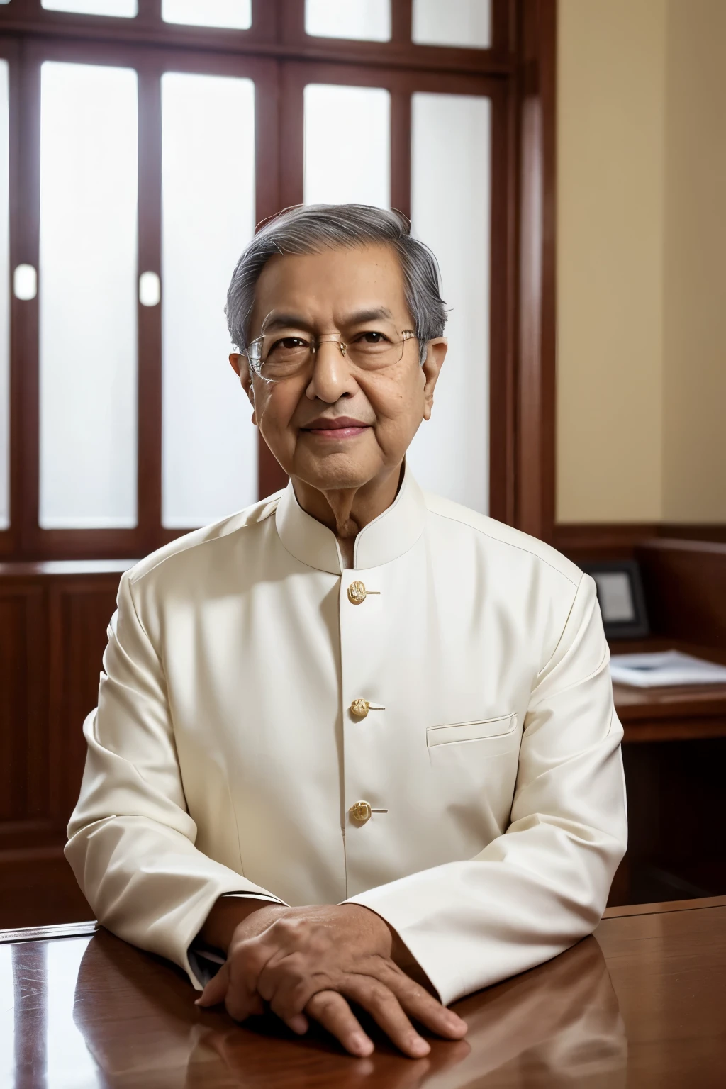 (The Extremely Detailed, Highly Respected, Official Portrait of Mahathir Mohamad, Best Quality, Ultra-detailed), Rich and Warm Brown Background, 95-year-old Malaysian prime minister, Respected political leader, Receding Silver Hair, Distinctive Boston-style mustache, Deep-set eyes, Strong jawline, Serious expression, Dressed in a traditional Malay attire, White Baju Melayu with Songkok, Majestic and Commanding, Public Office, Sitting at a desk, Hands folded, Looking towards the future, Light shining from a nearby window, Curbside of the Prime Minister's Office, Kuala