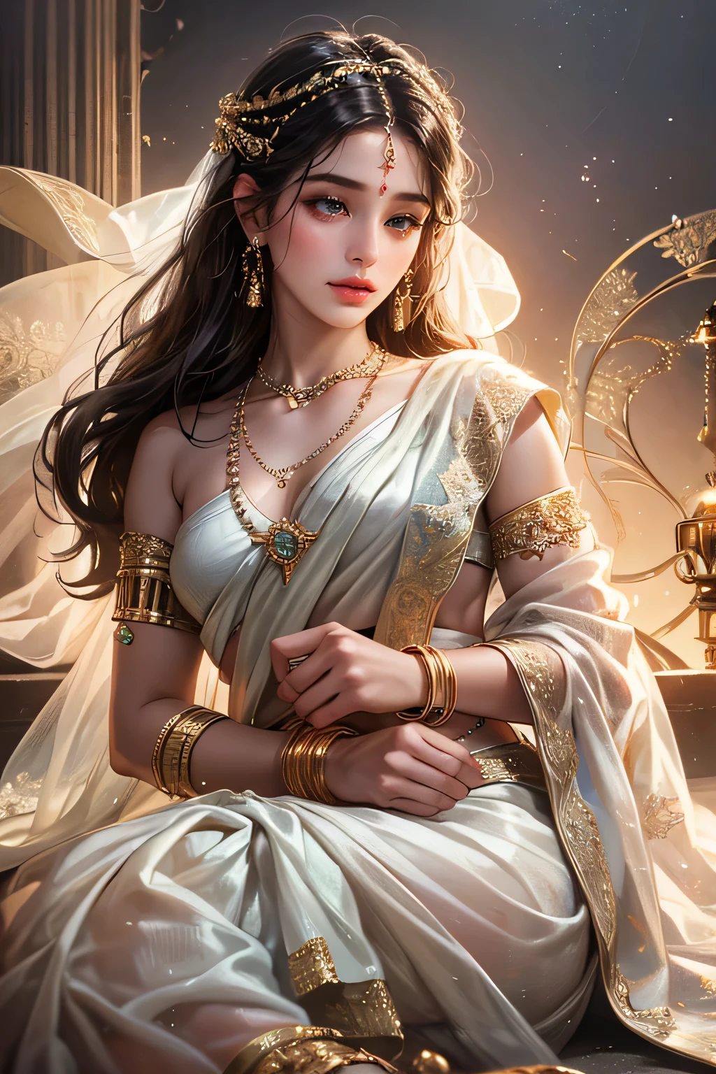 (absurderes, A high resolution, Ultra detailed, hdr), Masterpiece, Best quality, Portrait of an Indian 
Goddess saraswati, extreme realistic very beautiful, animated style, anime in a(((white))) indian dress (((saree))), (blue blouse), long black wavy hair untied, head jewellery, necklace, earings, armlets, bangles and bracelets, rings, pleasant expression, bright big black eyes, natural beauty, vibrant colors, dreamy, northern light, pink bubble, romantic, soft lighting, vintage aesthetic