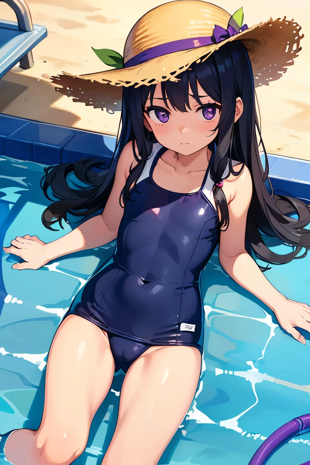 , 8 years old, flat chest,ir, long hair, purple eyes 　（One person）Wear a straw hat　 Summer poolside　Navy blue old school swimsuit　Wearing sandals　 Lying by the pool　Dynamic Angle　Angle from directly above　Centered on the groin