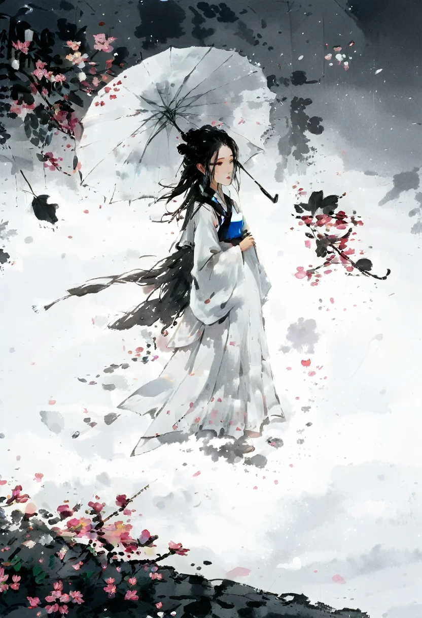 艺术Ink Painting，立体Ink Painting，Minimalism，Minimalism的图形，Minimal Art，Chinese anime girl，whole body，Chinese，，Ink Painting，Umbrella，Falling Flowers，Black long hair，Black and white background，古韵White space，White space，大面积White space，Textured Matte，Low saturation，Minimalism构图，Main Composition