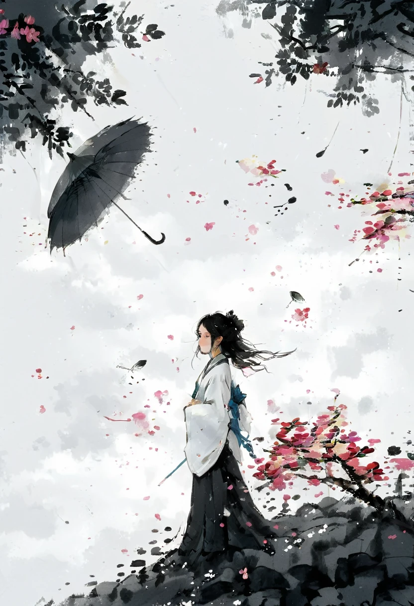 艺术Ink Painting,立体Ink Painting,Minimalism,Minimalism的图形,Minimal Art,Chinese anime girl,whole body,Chinese,,Ink Painting,Umbrella,Falling Flowers,Black long hair,Black and white background,古韵White space,White space,大面积White space,Textured Matte,Low saturation,Minimalism构图,Main Composition