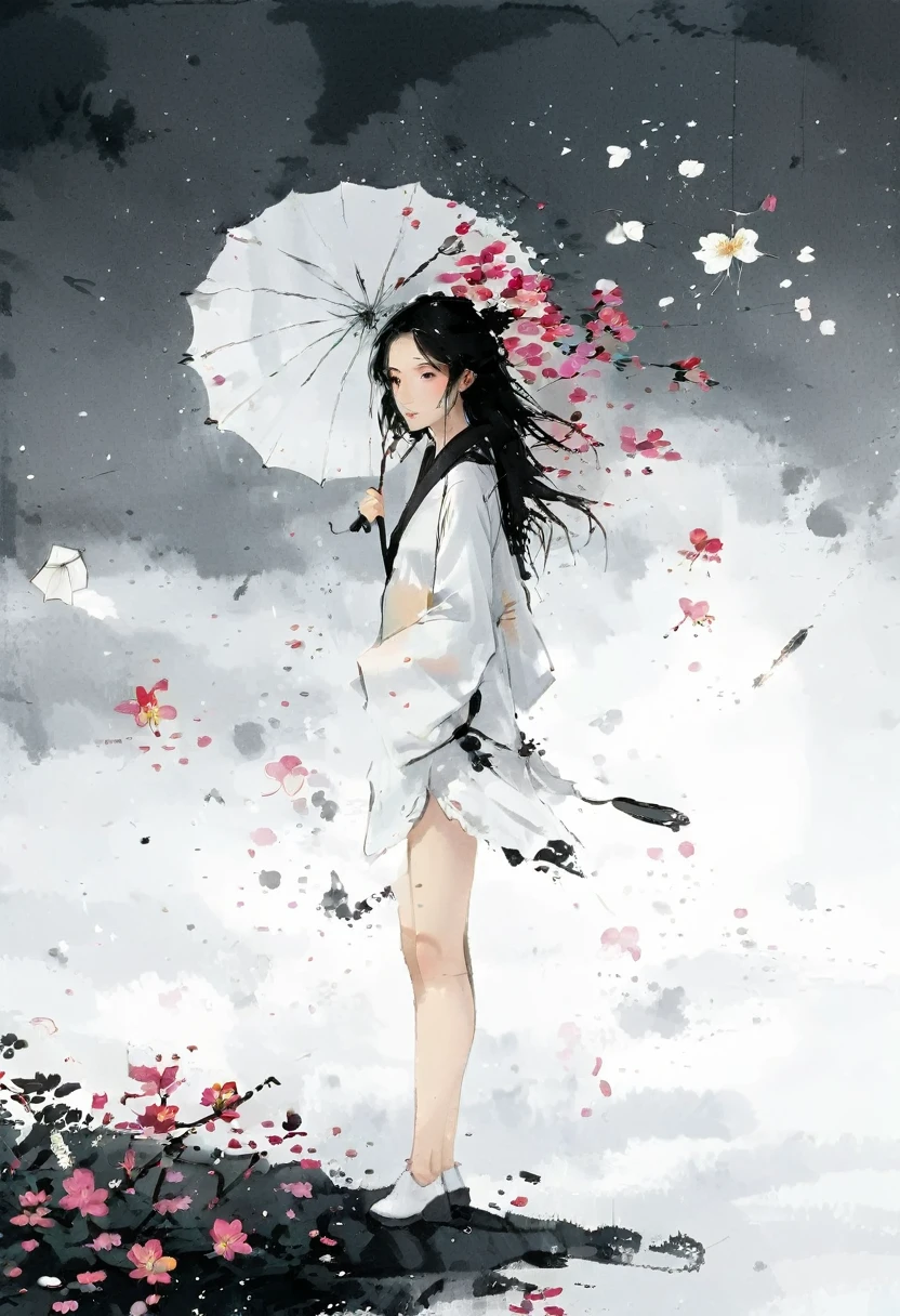 艺术Ink Painting，立体Ink Painting，Minimalism，Minimalism的图形，Minimal Art，Chinese anime girl，whole body，Chinese，，Ink Painting，Umbrella，Falling Flowers，Black long hair，Black and white background，古韵White space，White space，大面积White space，Textured Matte，Low saturation，Minimalism构图，Main Composition