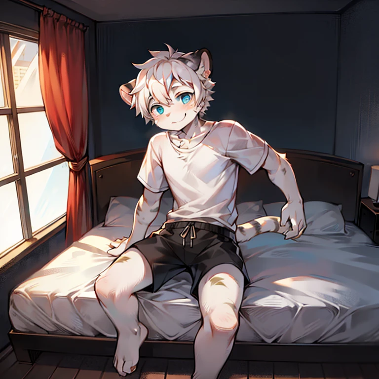 coyote（furry）Gray hair，Turquoise blue eyes，（little boy），（（adolable）），wearing black shorts，Holding a bottle of water in his hand，Raise your left foot sideways，The left foot is wearing black socks，Right leg upper legsticky milky white viscous liquid，Sit on a heart-shaped pink bed