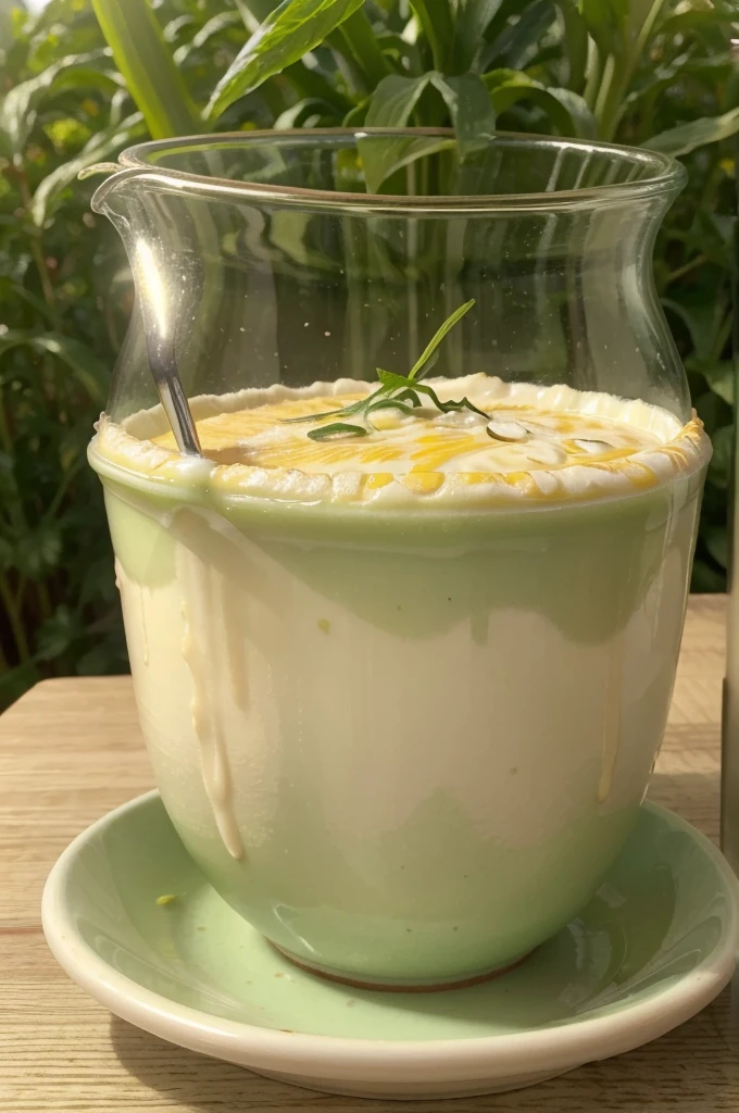 ((best quality)), ((masterpiece)), (detailed), perfect face Corn milk cheese with mozzarella and glazed green tea flavor is a unique dish. The corn is thinly sliced and cooked in milk to give it a soft and creamy texture. So, covered with melted mozzarella cheese, memberikan rasa tasty yang khas. At the top, there is a green tea flavored glaze or layer that gives a sweet touch and a little green tea aroma. When served in a cup container, it makes for an interesting combination of sweetness, tasty, and a little herbal taste from green tea.